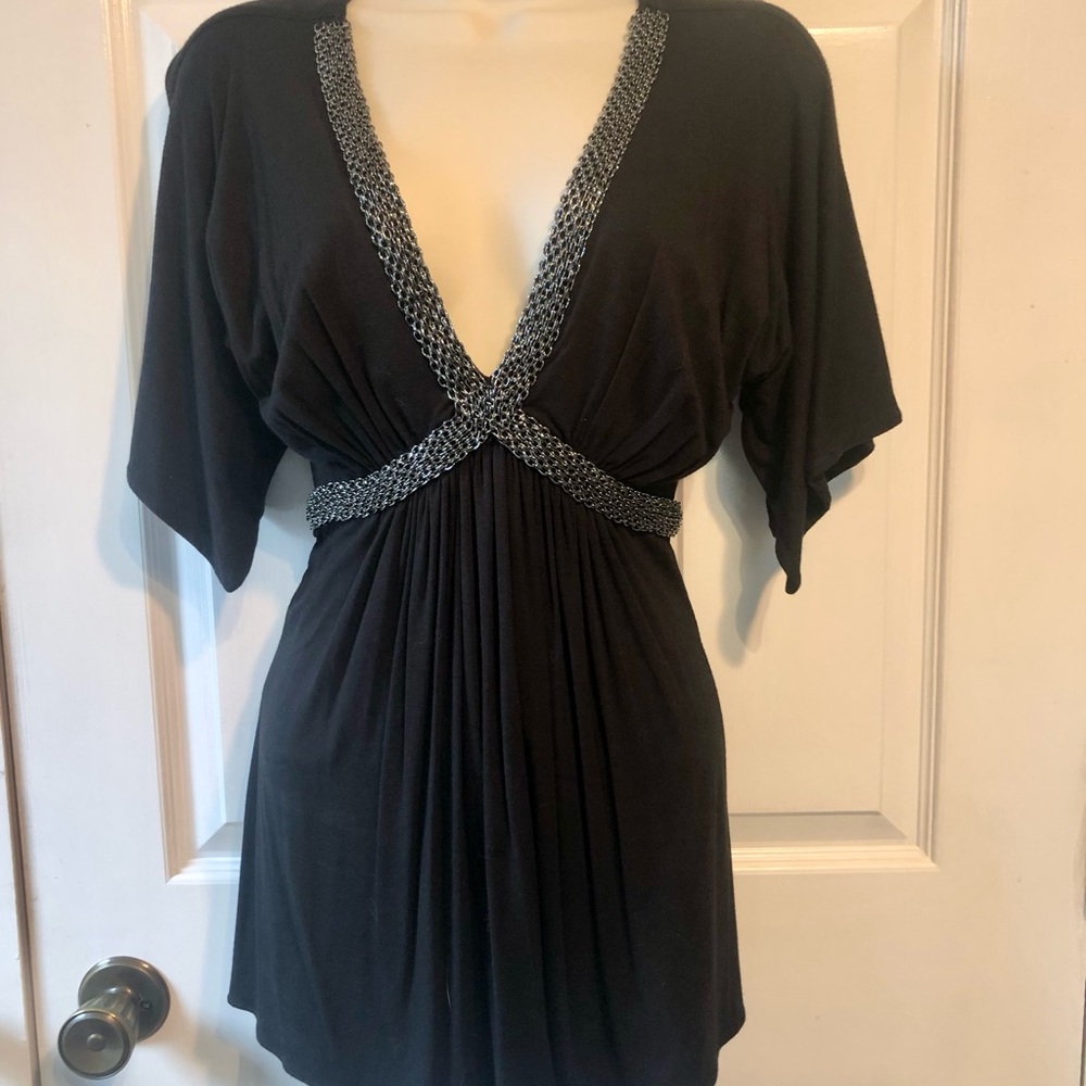Sky Brand Black Top with Silver Metal Chain Link Embellishment